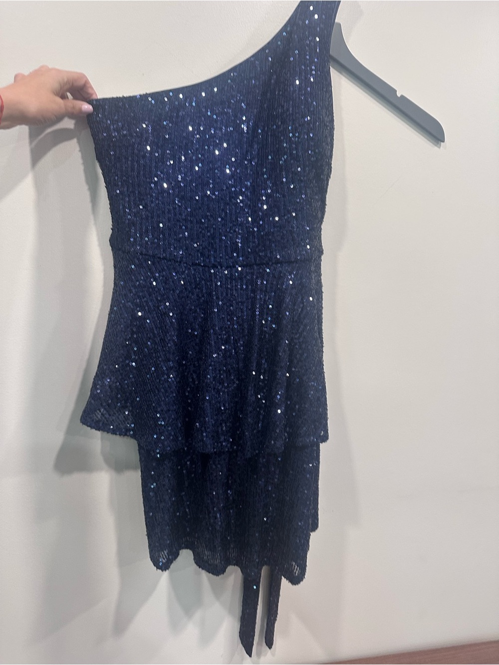 Trixxi Navy One-Shoulder Sequin Peplum Prom Dress